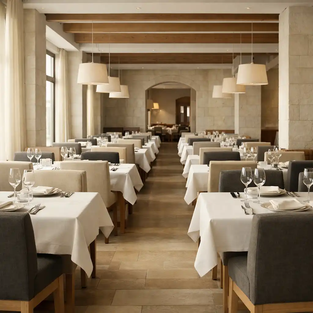 Główna sala restauracji z jasnym kamieniem, drewnem i równo ustawionymi stołami