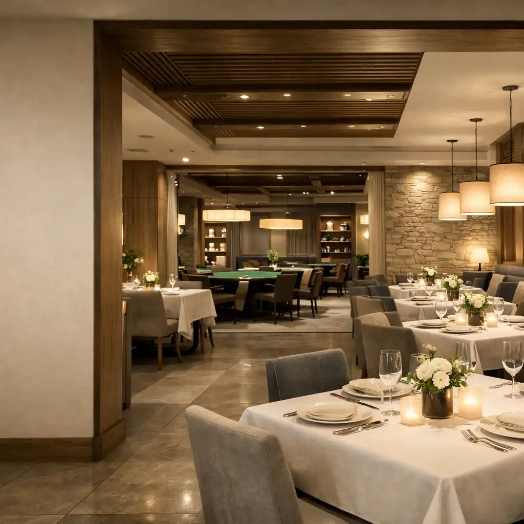 Ciepłe wnętrze restauracji Dinevurex z widokiem w głąb przestrzeni