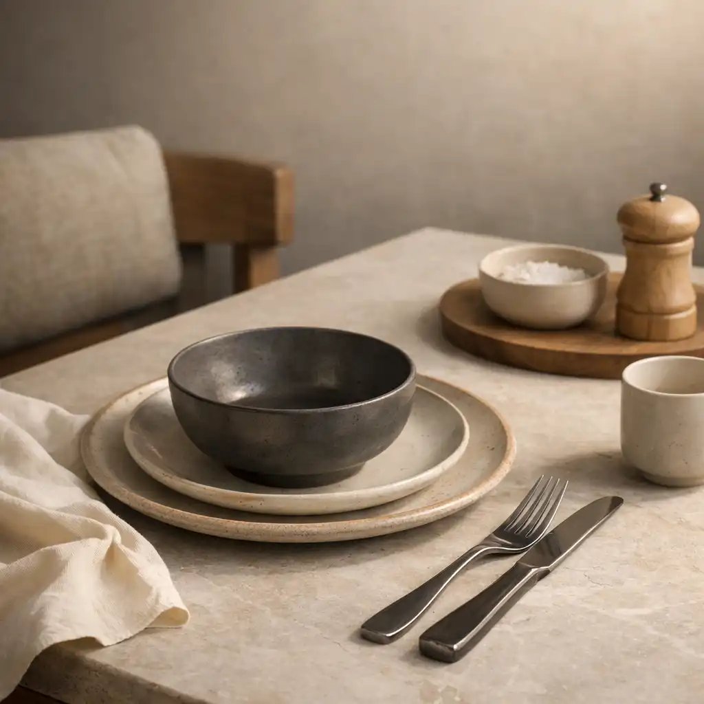 Detal jasnego kamiennego stołu, ceramicznej zastawy i kremowej tkaniny w restauracji