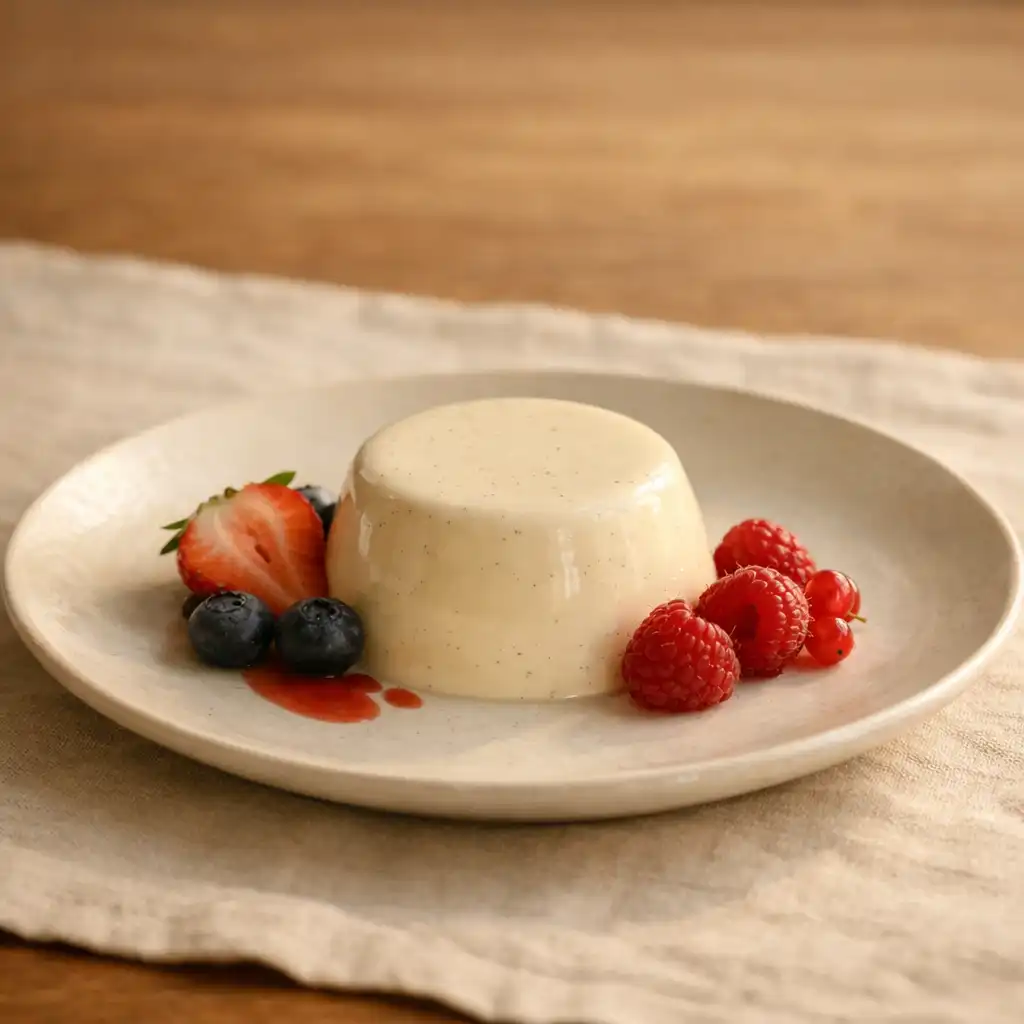 Panna cotta z wanilią i owocami sezonowymi na jasnym ceramicznym talerzu