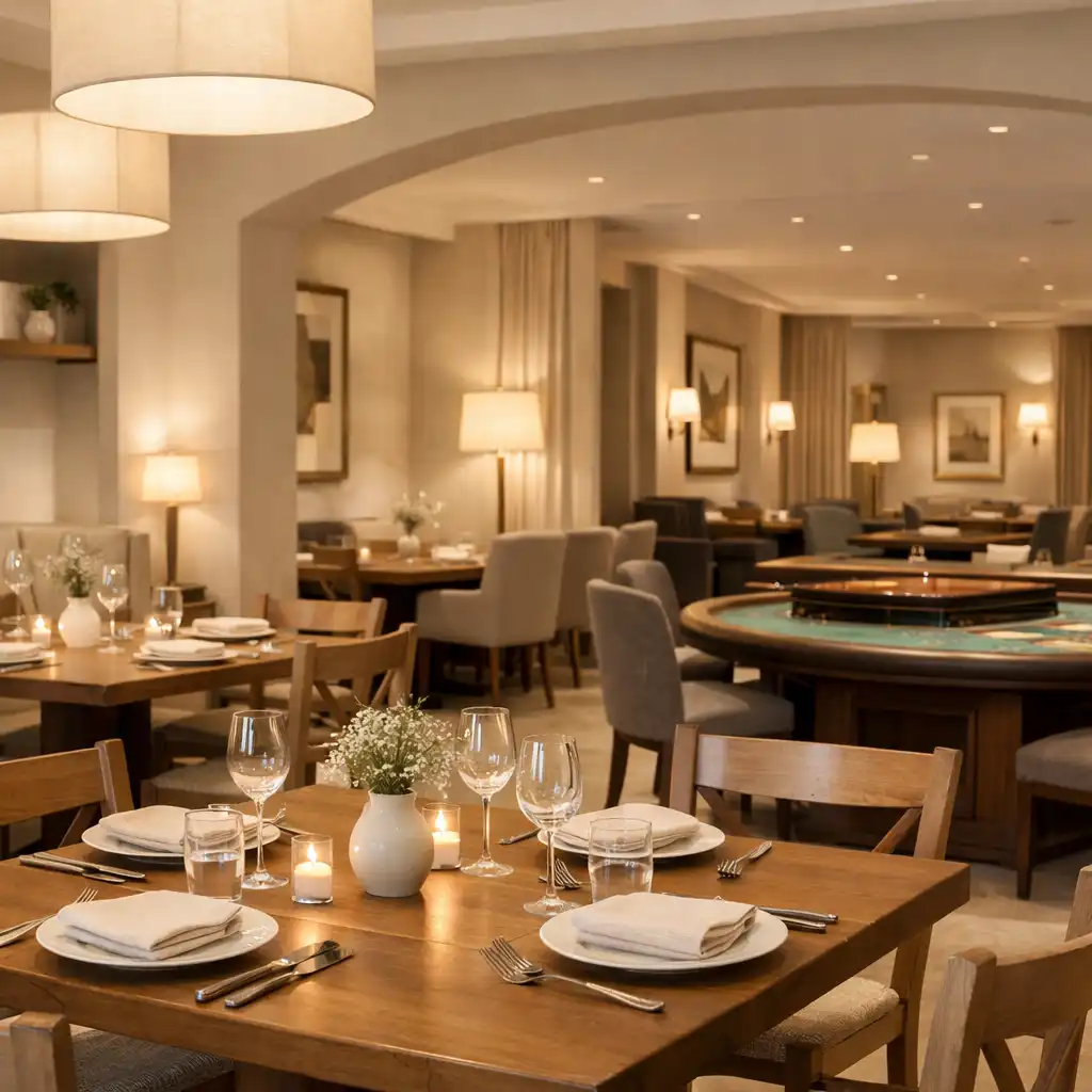 Restauracyjne stoły Dinevurex na pierwszym planie i spokojna głębia wnętrza