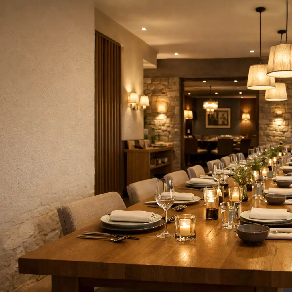 Ciepłe wnętrze restauracji Dinevurex z nakrytym stołem i naturalnymi materiałami