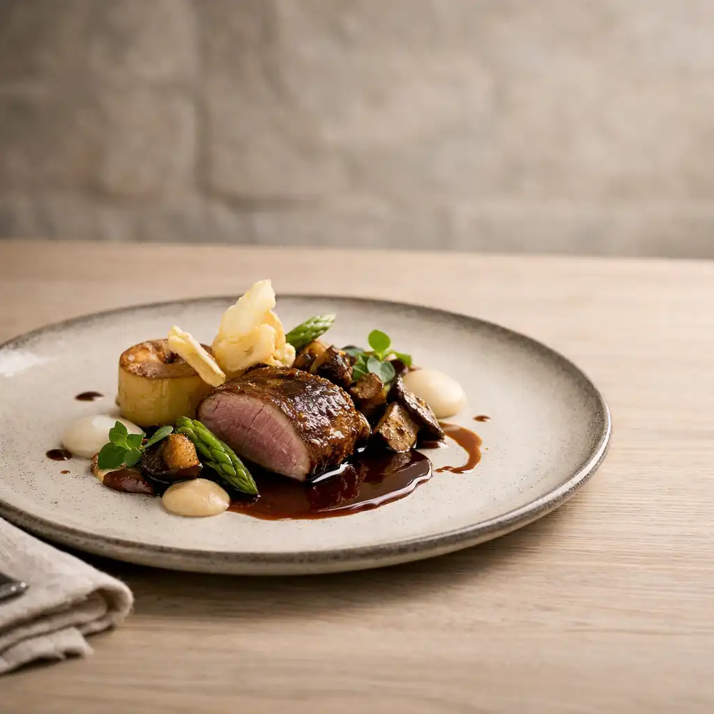 Danie restauracyjne podane na ceramicznym talerzu na jasnym drewnianym stole Dinevurex