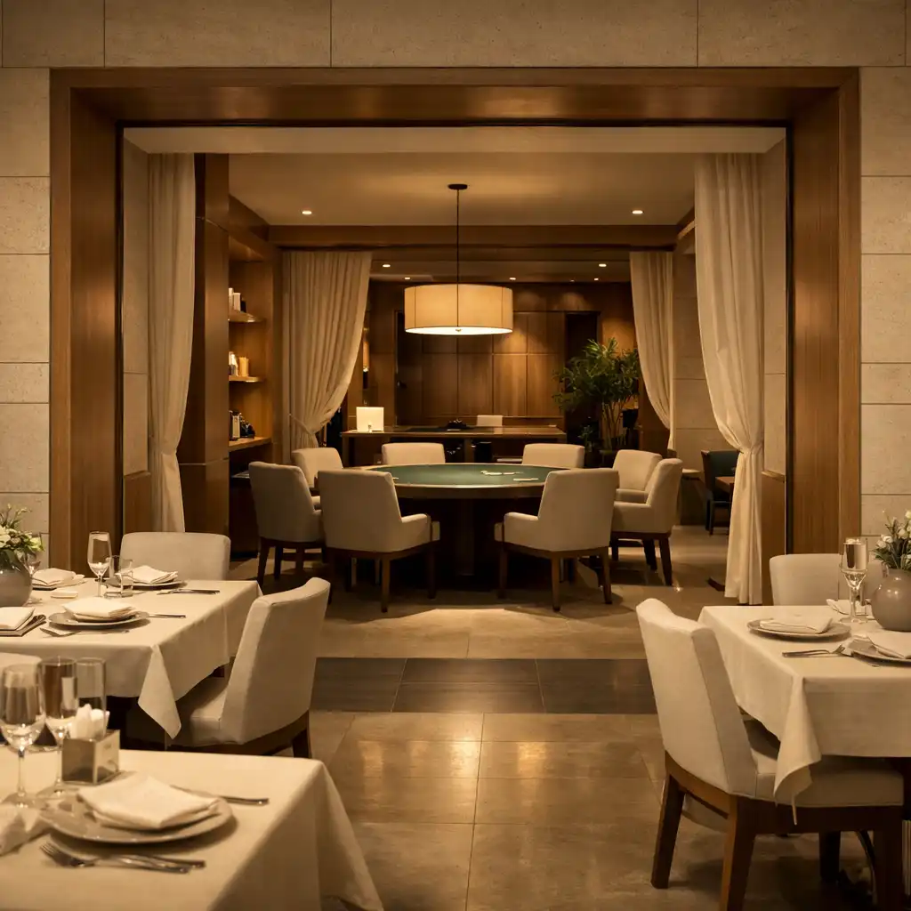 Widok przez architektoniczne przejście Dinevurex, z restauracyjnymi stołami i strefą pokerową w głębi