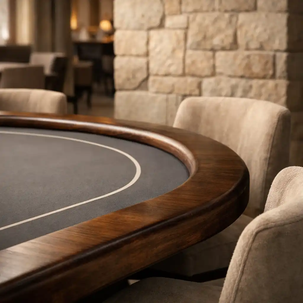 Detal matowej powierzchni stołu pokerowego, ciemnego drewna i tkaniny krzesła